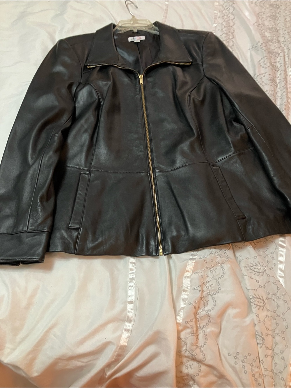 Women's Black Leather Zip-Front Jacket with Gold Hardware